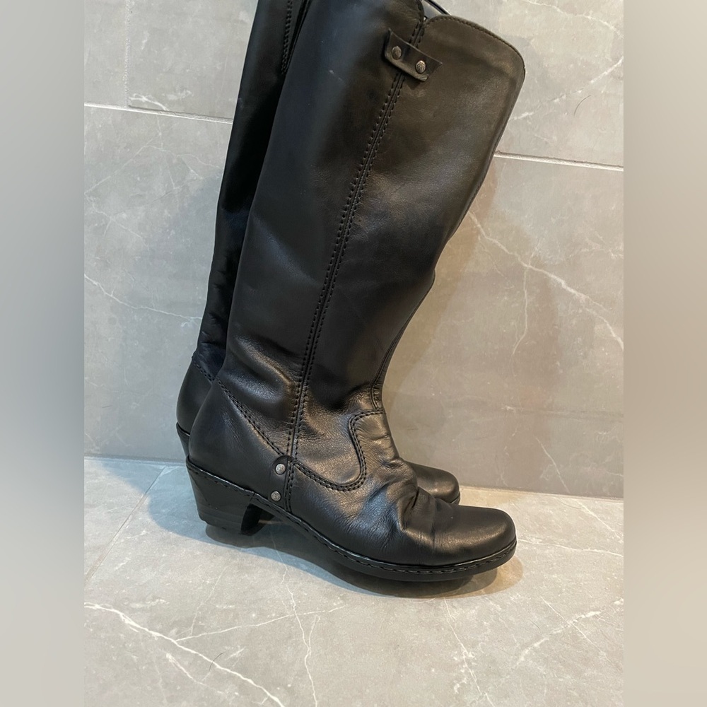Rieker Women's Black Leather Knee High Riding Boots Zip Button EU 37 US 6.5